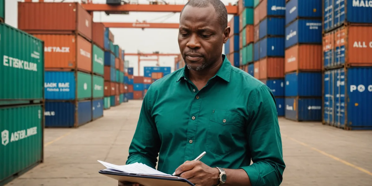 Nigerian importer reviewing shipment manifest at Lagos port terminal